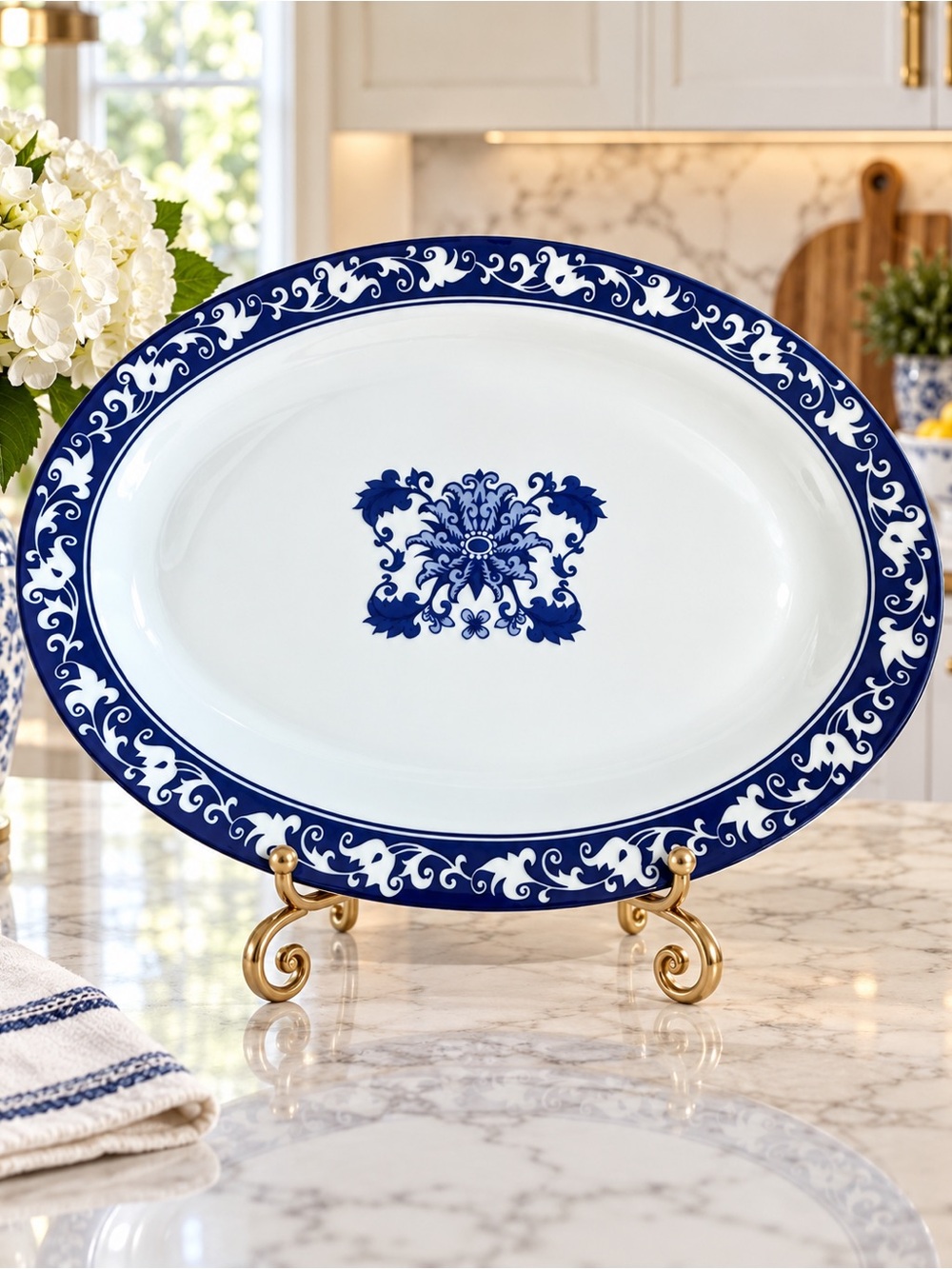 RARE Bombay Asian Garden 14” Blue & White Porcelain Oval Serving Platter